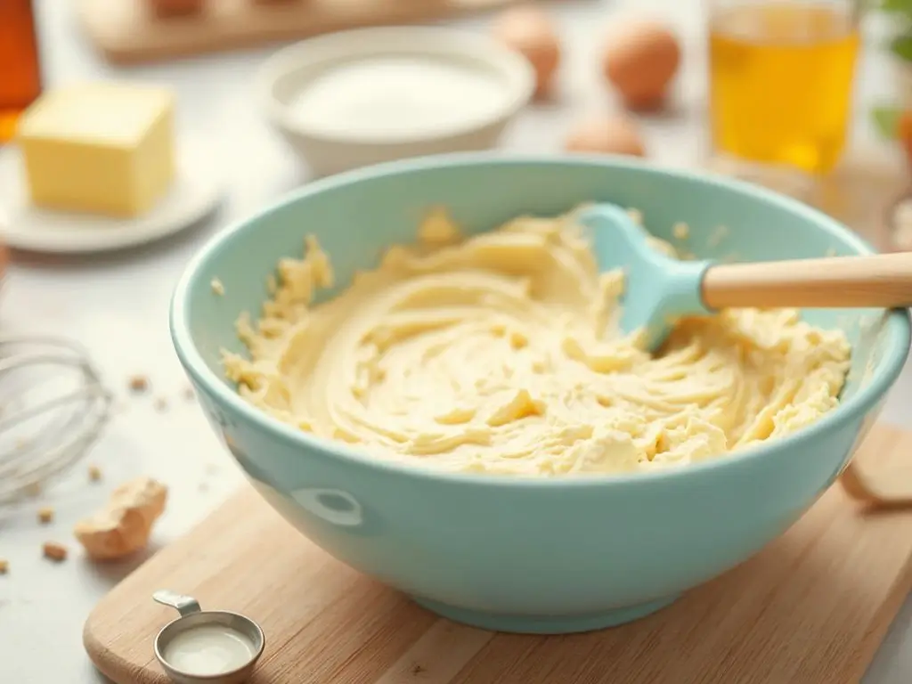 Mixing bowl with cake batter surrounded by ingredients like flour, sugar, eggs, and butter, showing the step of preparing Nanalan cake batter