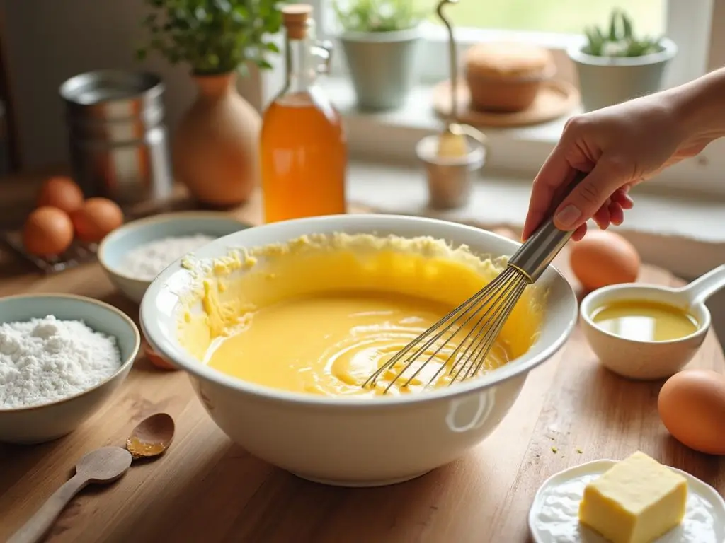 Preparing the batter for honeycomb cake with ingredients like honey, flour, eggs, and butter