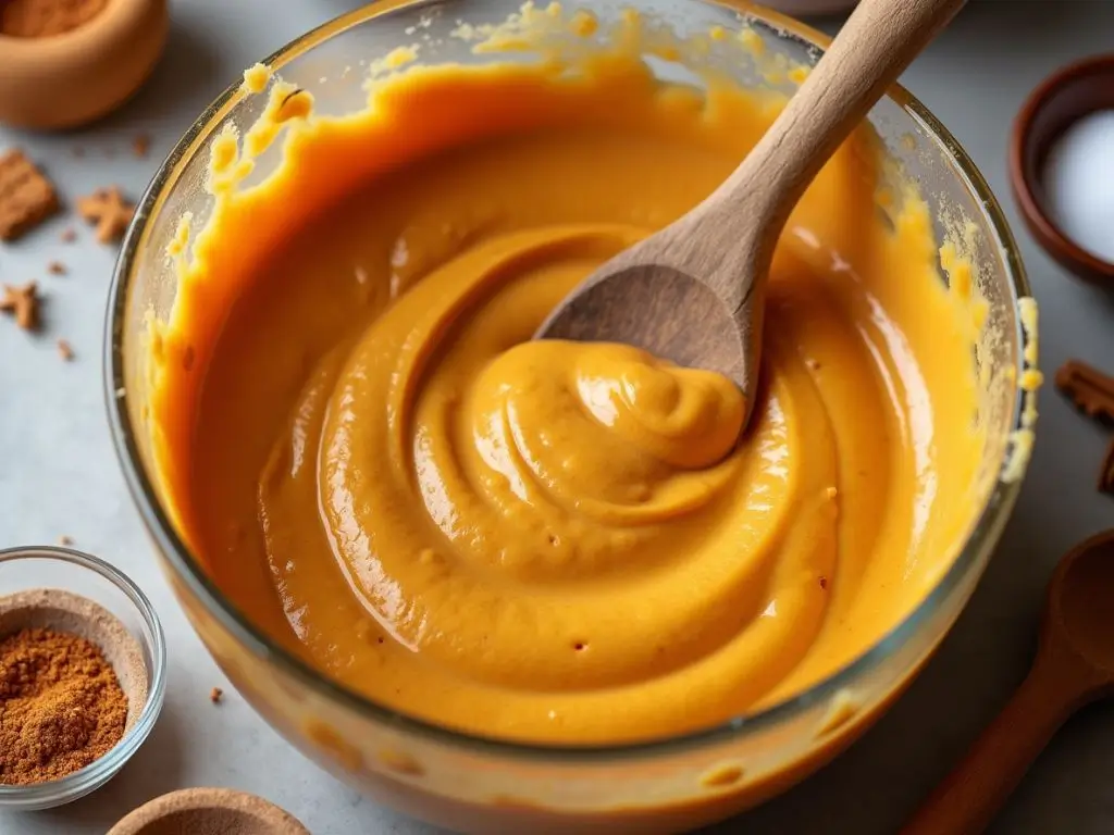 Preparing the pumpkin cheesecake mixture for pumpkin cheesecake balls, with spices, graham crackers, and other ingredients.