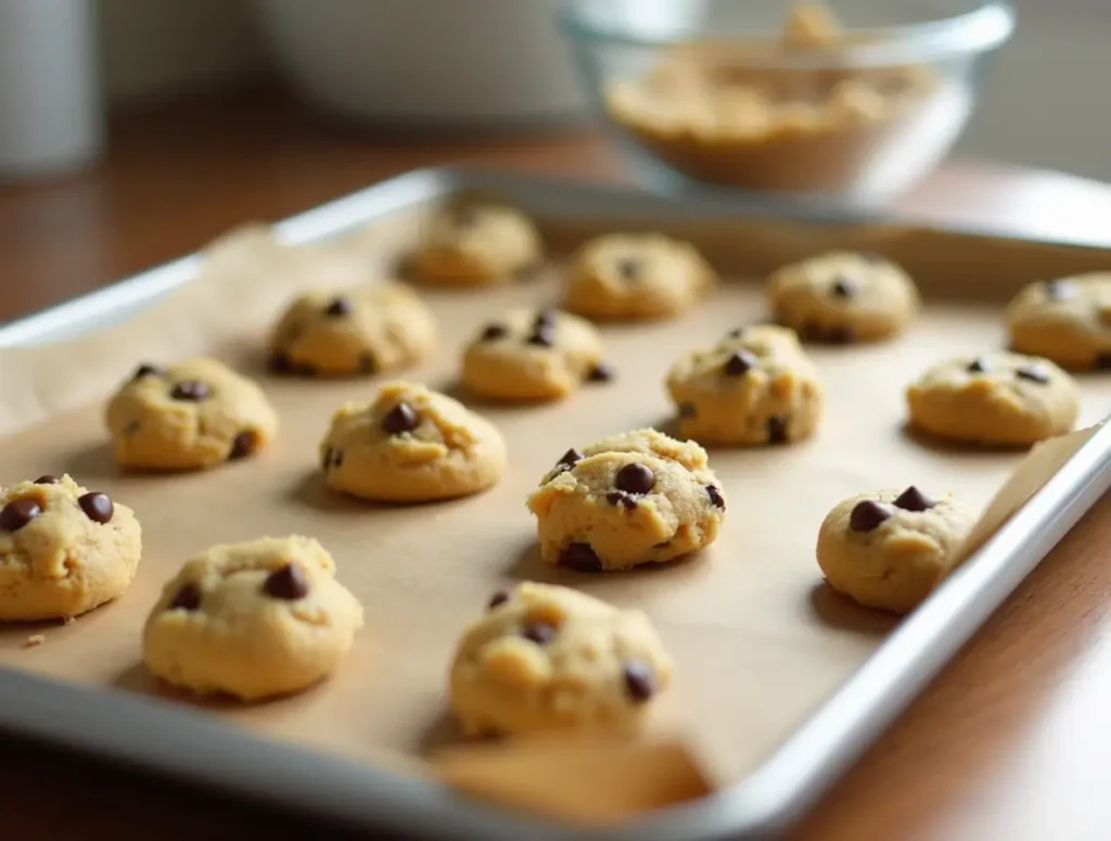 Cookie dough being scooped onto a baking sheet for perfect chocolate chip cookies without brown sugar