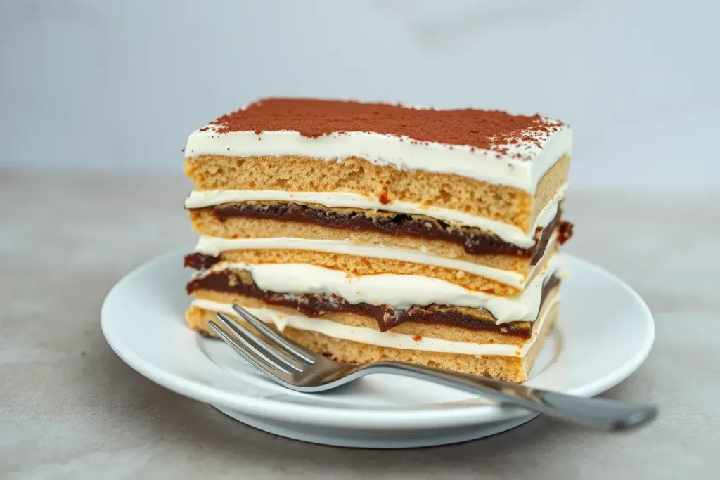 Close-up of a homemade tiramisu cake with coffee-soaked layers, mascarpone cream, and cocoa powder topping