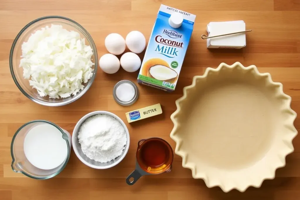 Ingredients for coconut custard pie including shredded coconut, coconut milk, eggs, sugar, vanilla extract, butter, flour, and pie crust on a wooden surface