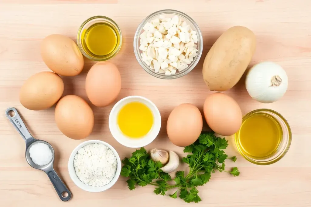 Ingredients for Passover Potato Pie: potatoes, eggs, onions, olive oil, almond flour, garlic, and parsley arranged on a wooden surface