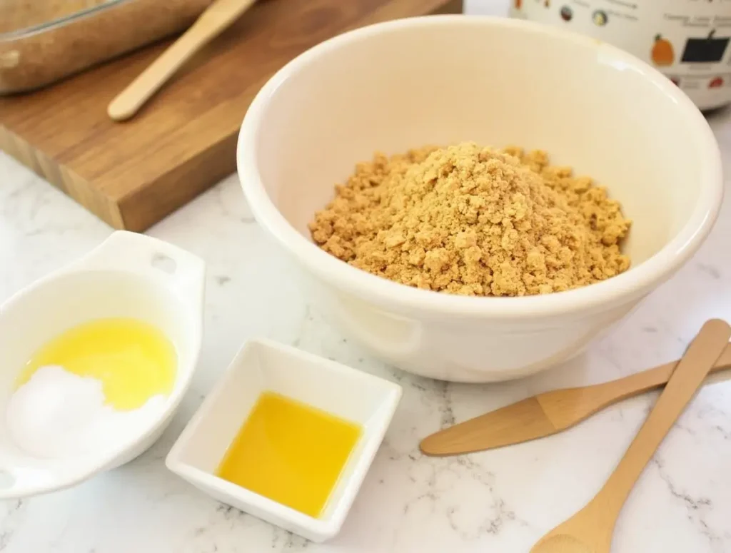 Ingredients for preparing the crust of no bake cherry cheesecake: graham cracker crumbs, melted butter, and sugar