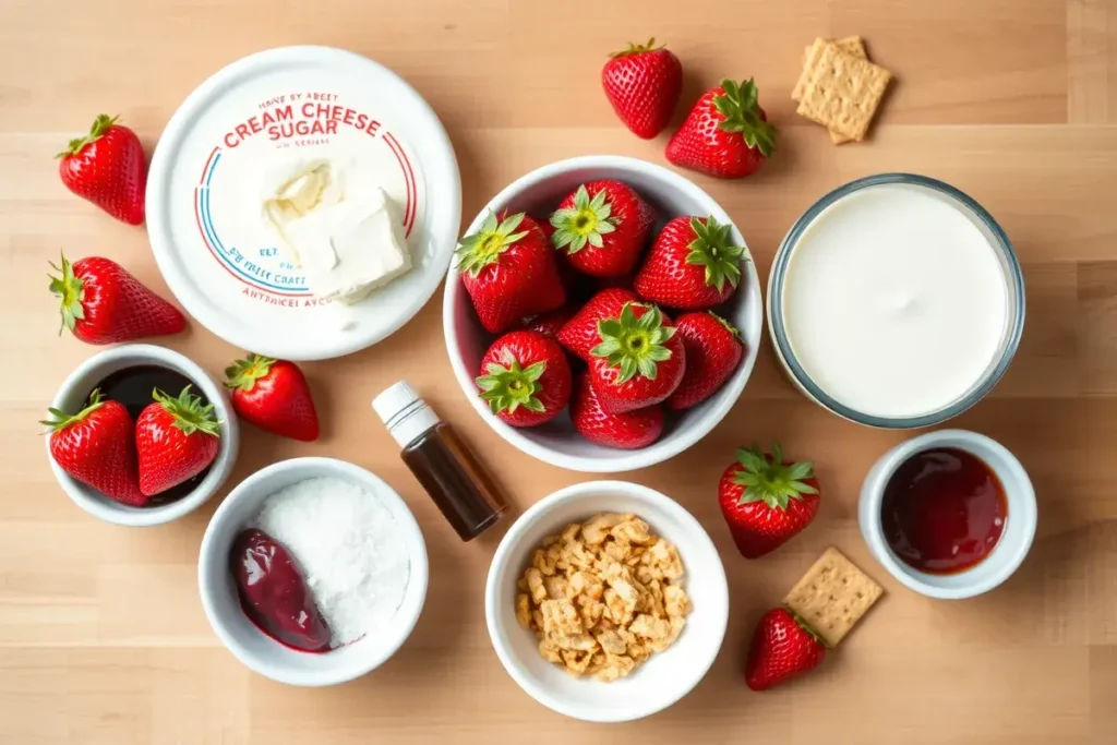 Flat lay of fresh strawberries, cream cheese, heavy cream, graham crackers, sugar, vanilla extract, and strawberry jam for making homemade strawberry cheesecake ice cream