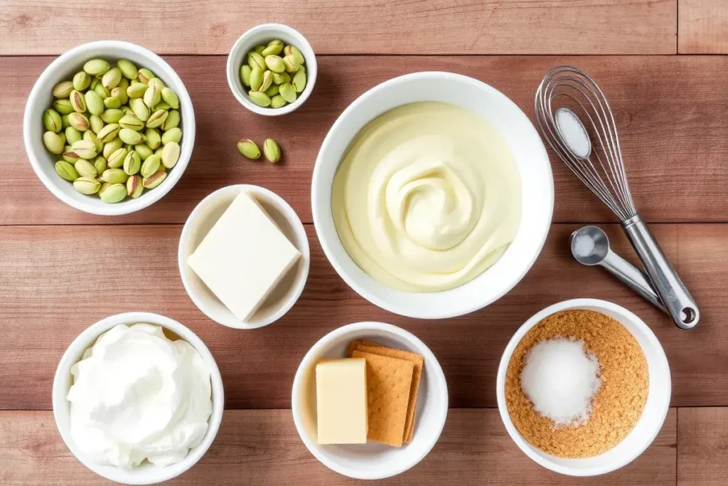 Ingredients for pistachio torte recipe: pistachios, pistachio pudding mix, graham crackers, cream cheese, whipped topping, sugar, butter, vanilla extract