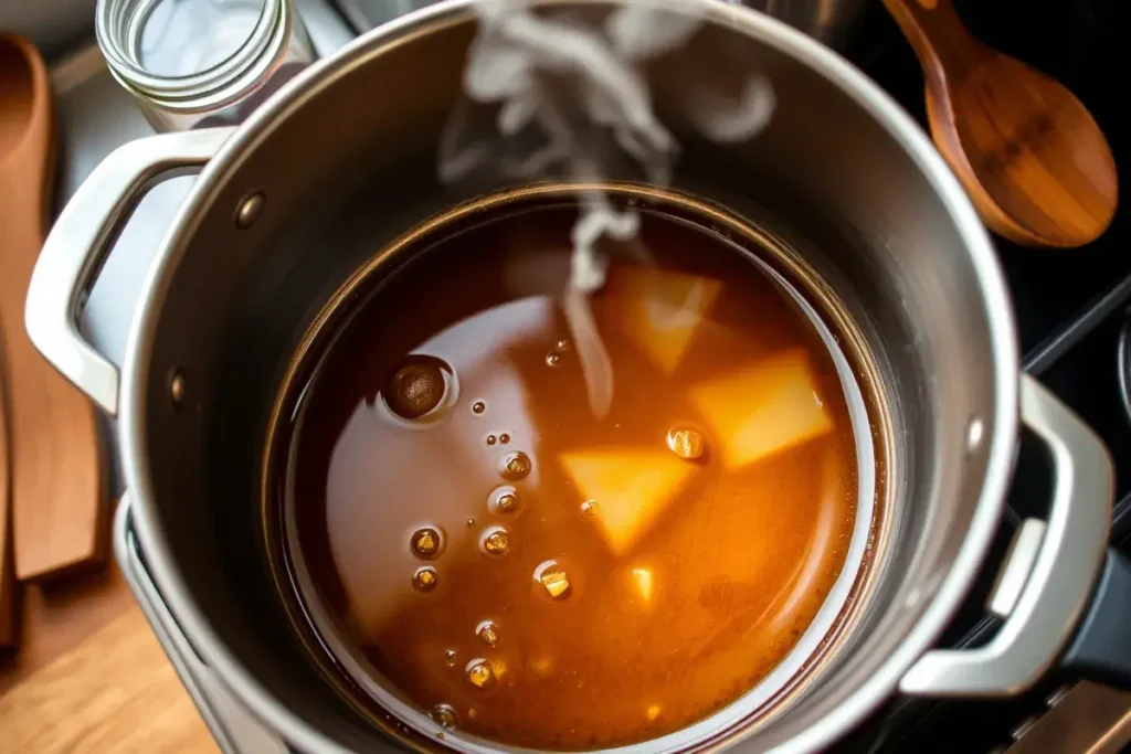 Making brown butter in a saucepan with golden, caramelized bits forming at the bottom