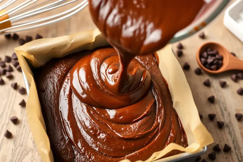 Rich fudgy brownie batter being poured into a baking pan for Slutty Brownies