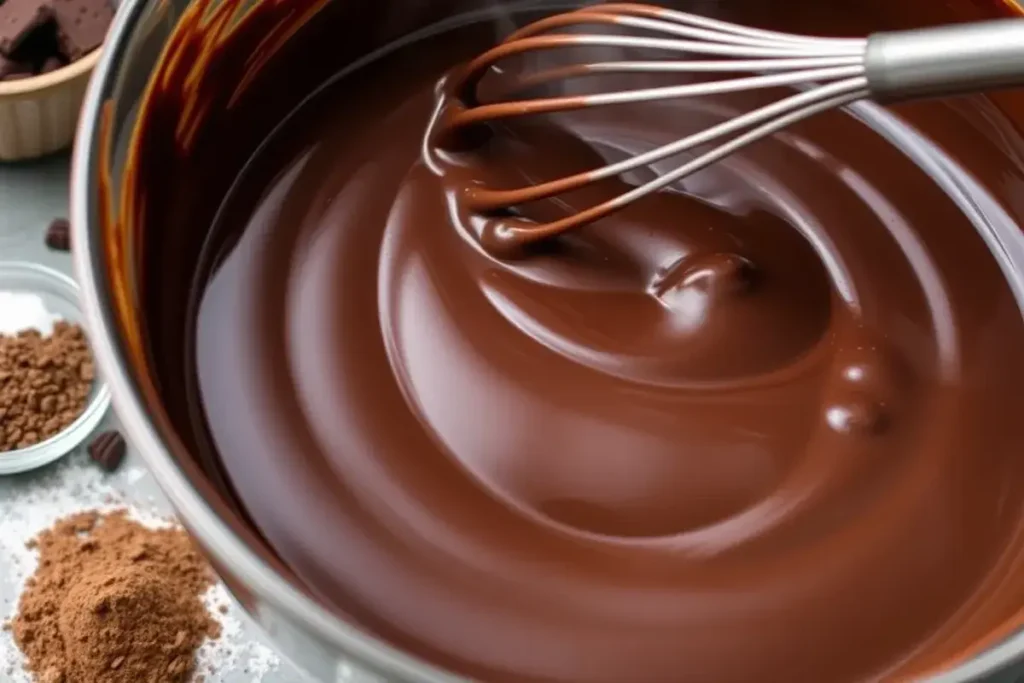 Making the chocolate pudding filling for Blackout Cake, showing a close-up of creamy pudding mixture being stirred in a bowl