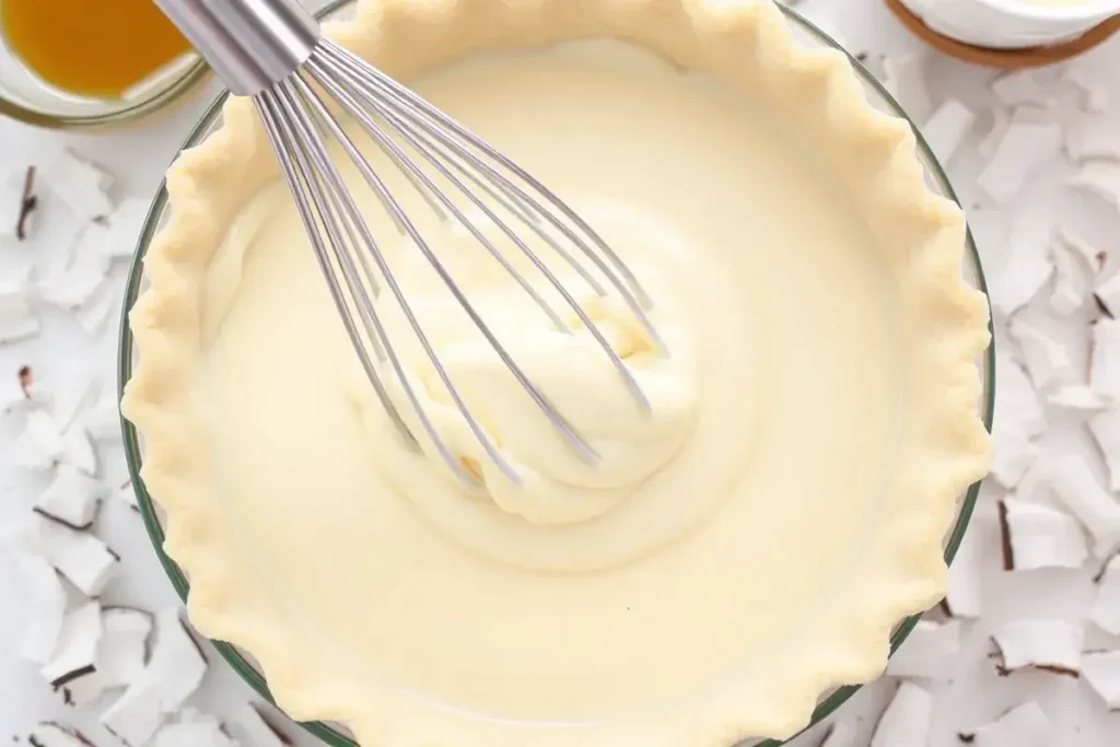 Making the creamy coconut custard base for a pie, surrounded by fresh ingredients and a coconut crust