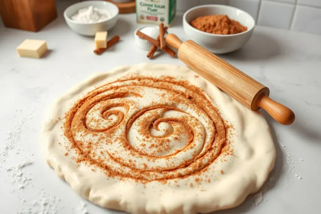 Preparing cinnamon roll dough for the crust of a cinnamon roll cheesecake with cinnamon sugar, rolling pin, and ingredients.