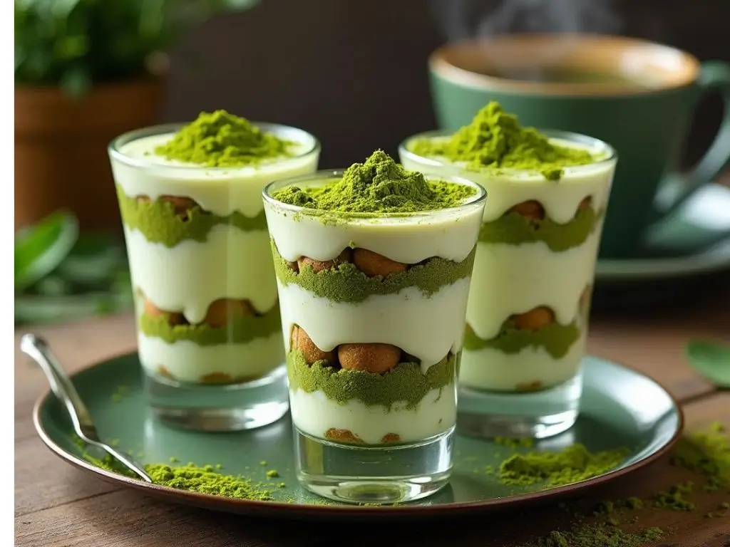 Layered Matcha Tiramisu served in a glass dessert cup, with matcha powder dusted on top and a garnish of cocoa powder. A perfect combination of green tea and creamy mascarpone.