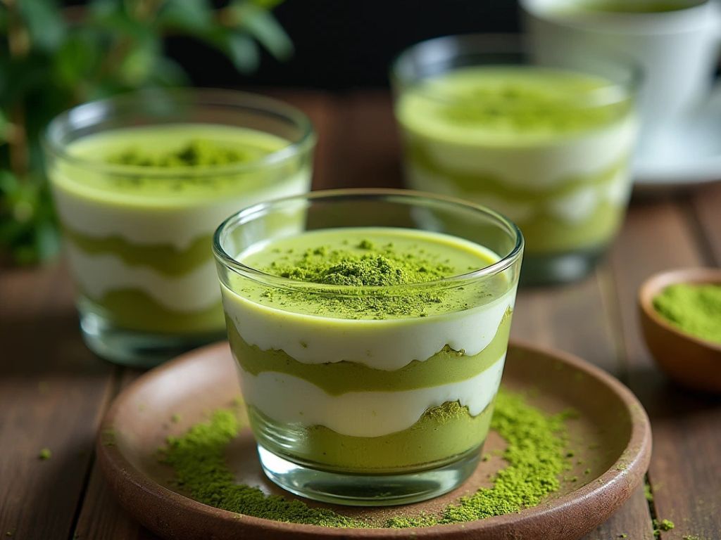 Matcha tiramisu with creamy mascarpone layers and a vibrant green matcha topping, elegantly displayed in a glass dessert cup, garnished with matcha powder and tea leaves