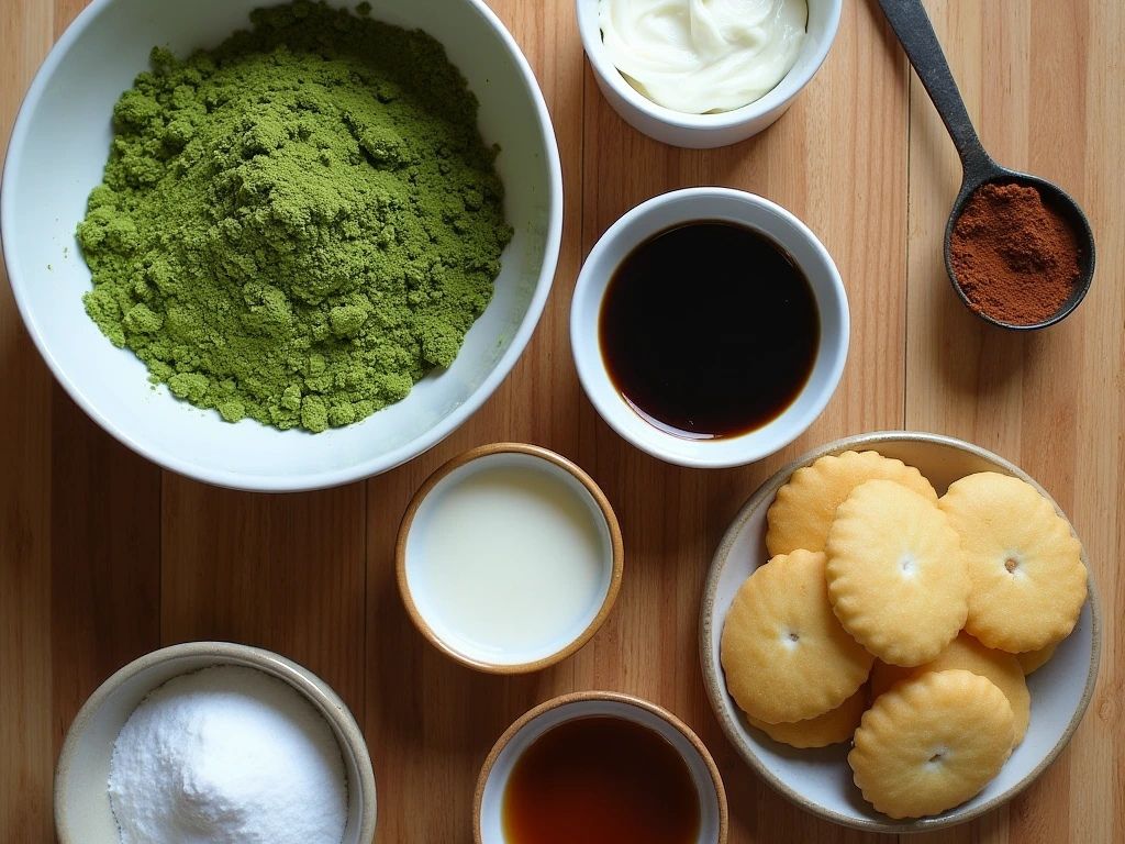 Ingredients for Matcha Tiramisu laid out in an aesthetically pleasing flat lay, featuring matcha powder, mascarpone cheese, ladyfingers, espresso, and more