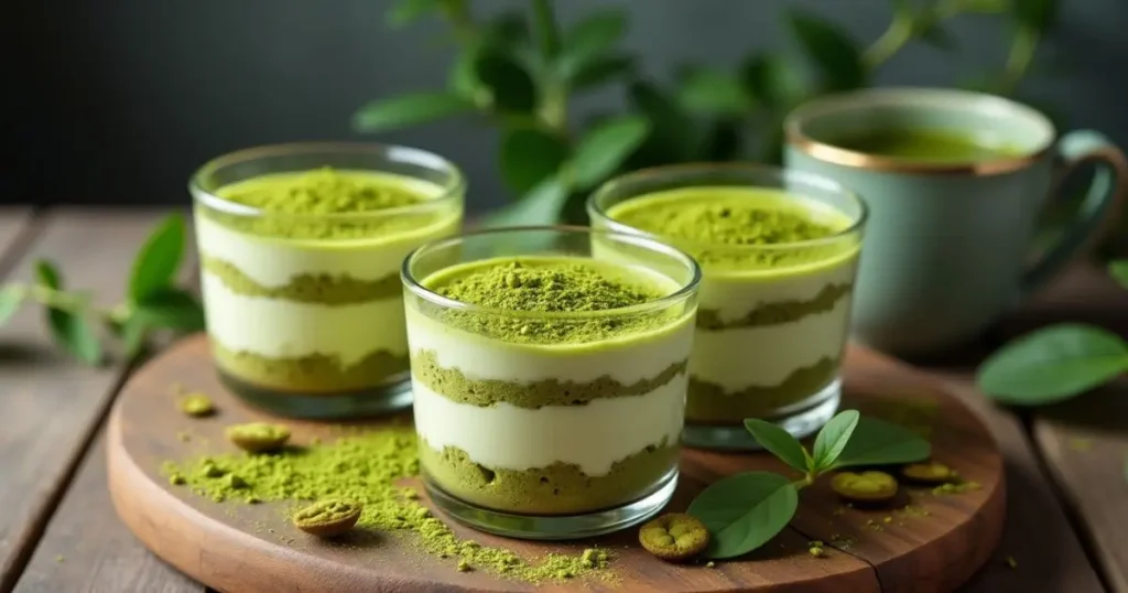 Matcha tiramisu dessert served in individual glasses, garnished with matcha powder and tea leaves, placed on a rustic wooden table.