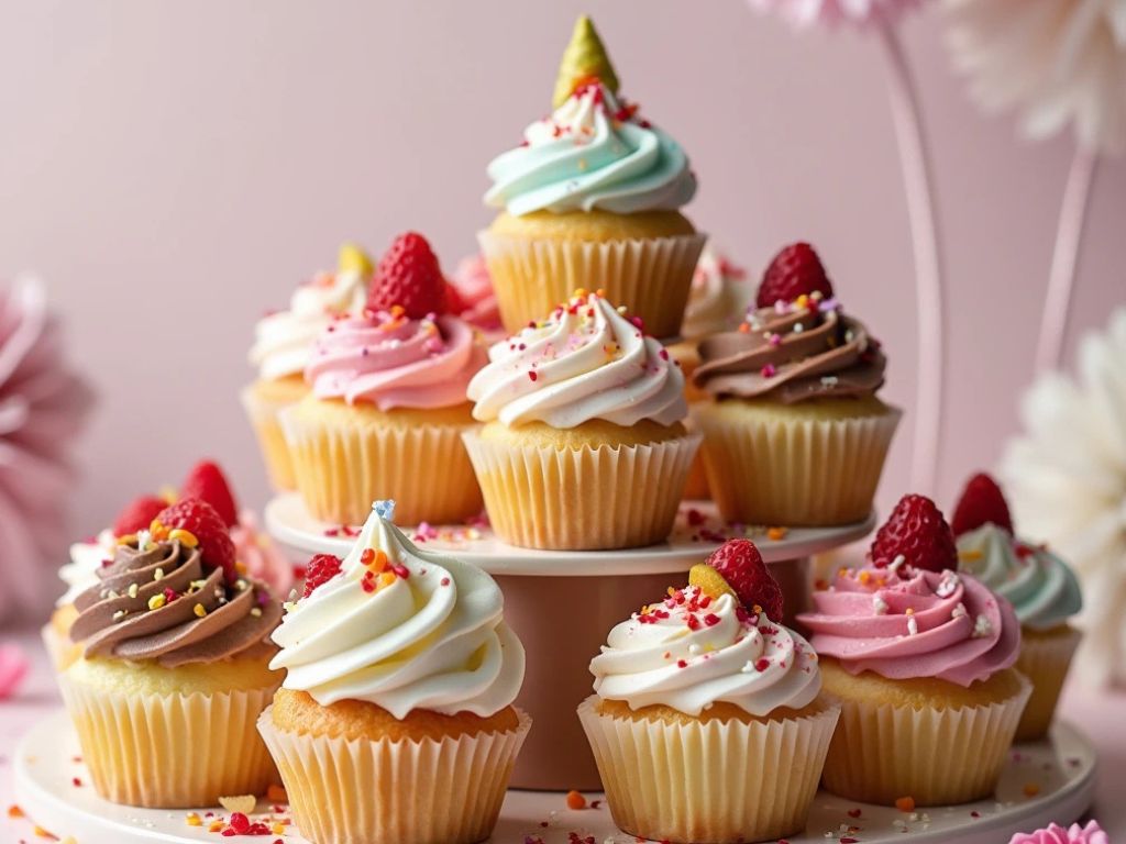 Colorful mini cupcakes decorated with buttercream swirls, chocolate ganache drips, and festive sprinkles, displayed on a tiered stand for a birthday party