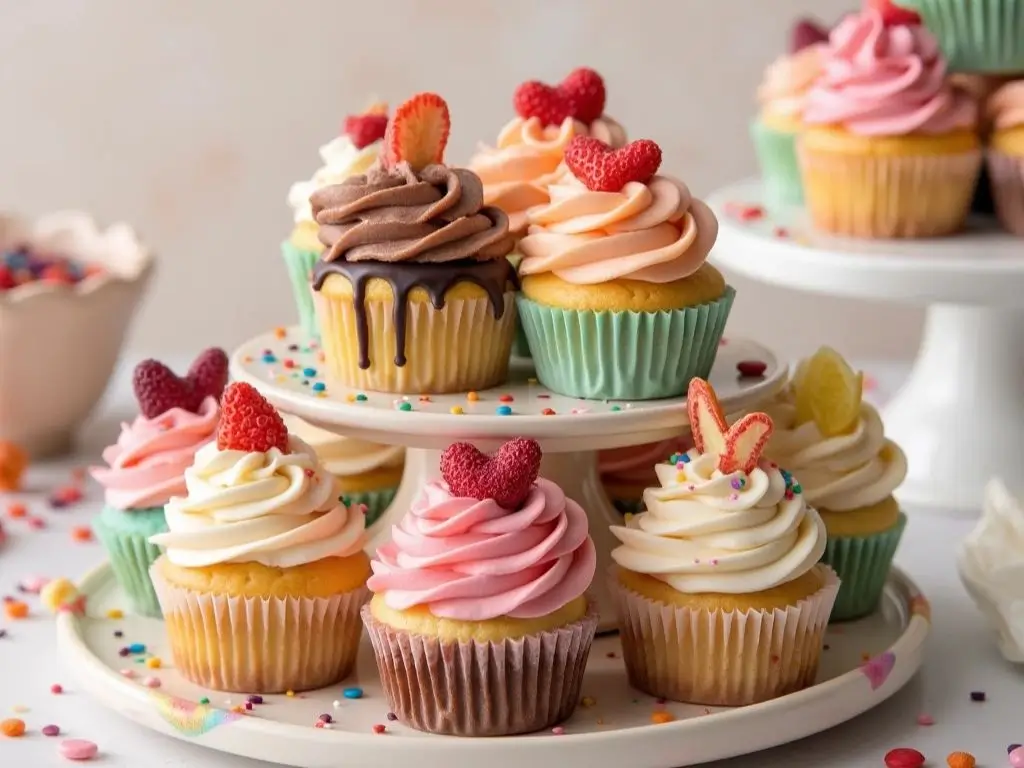 Colorful mini cupcakes with buttercream swirls, sprinkles, and festive toppers, displayed on a cake stand for a celebration