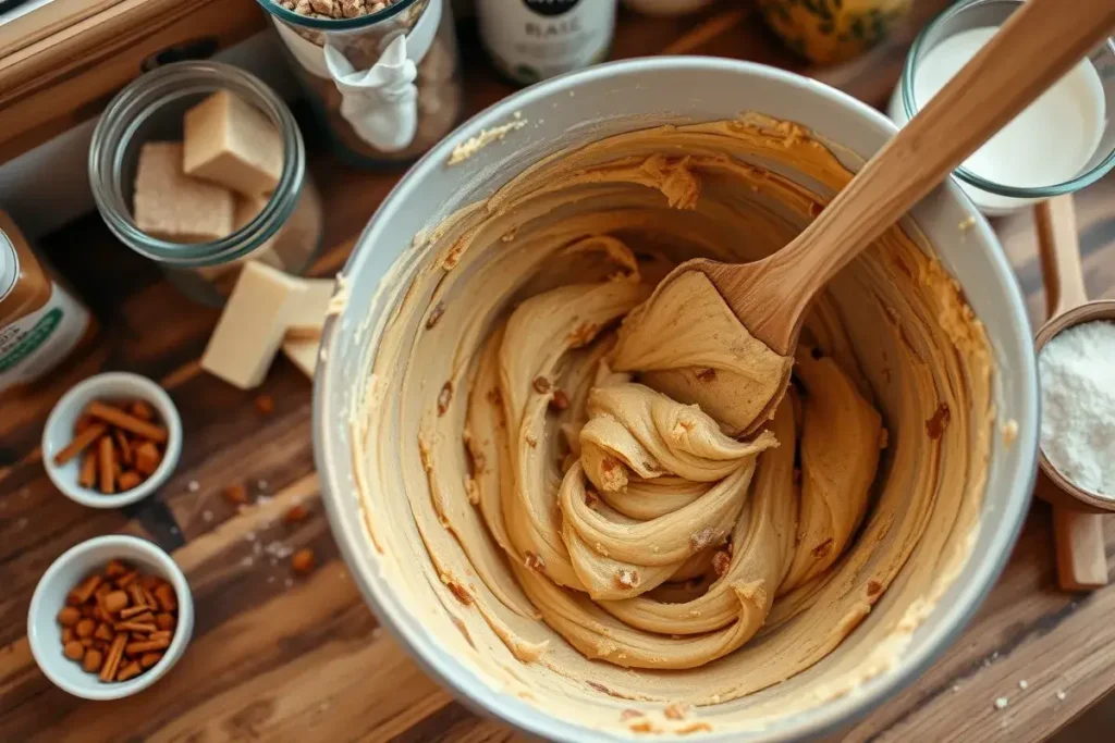 Close-up of a mixing bowl with cookie dough for Brown Butter Caramel Chai Cookies, featuring swirls of brown butter, caramel chunks, and chai spices, with a wooden spoon mid-action on a rustic wooden countertop