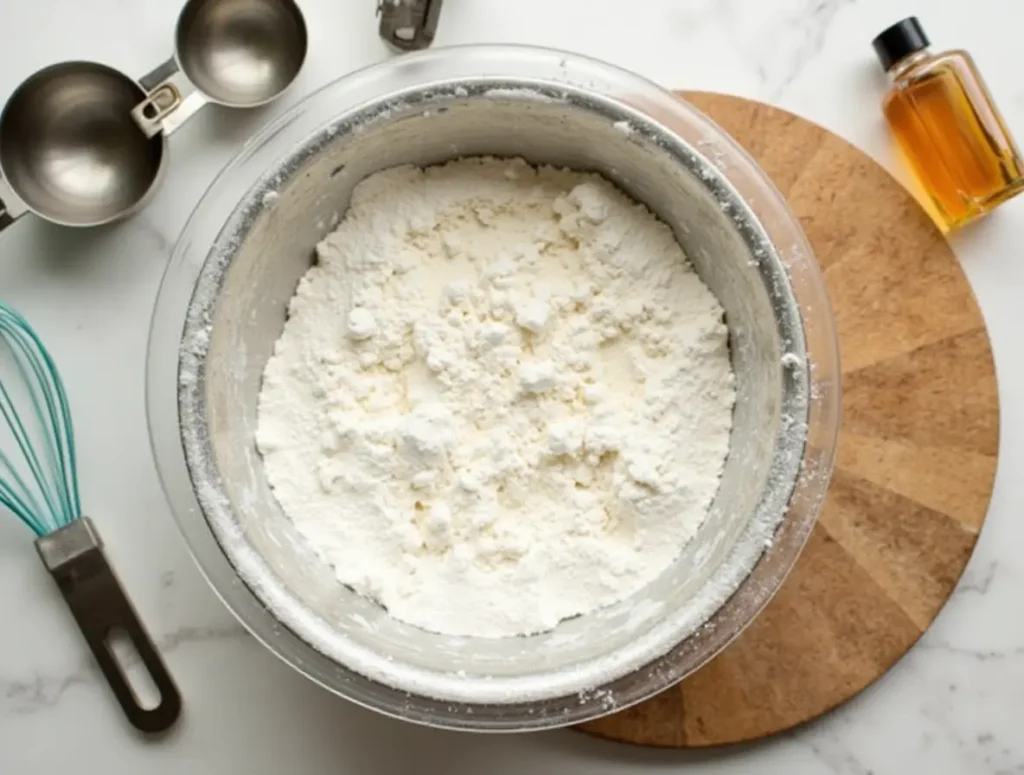 Mixing flour, baking soda, and sugar in a bowl for chocolate chip cookies