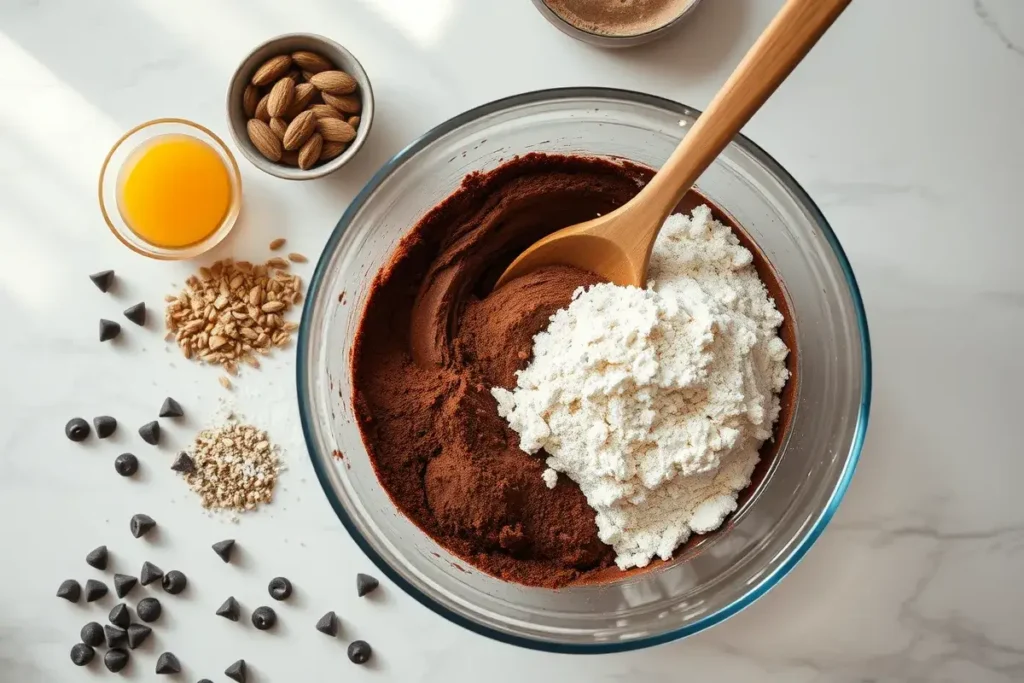 Ingredients for protein brownies being mixed together in a bowl on a kitchen counter, including chocolate protein powder, cocoa powder, eggs, and honey