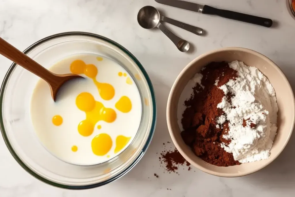 Mixing wet and dry ingredients for cosmic brownies with a wooden spoon in a cozy kitchen setting