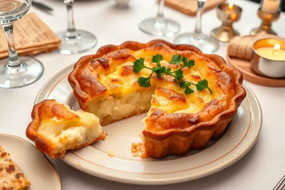 Passover potato pie on a wooden table, sliced and garnished with parsley, with traditional Seder table elements in the background