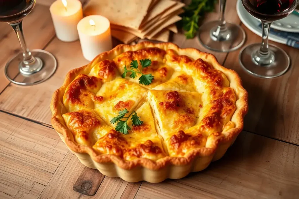 Cooled and sliced Passover potato pie on a dinner plate with fresh parsley garnish, surrounded by Seder table elements