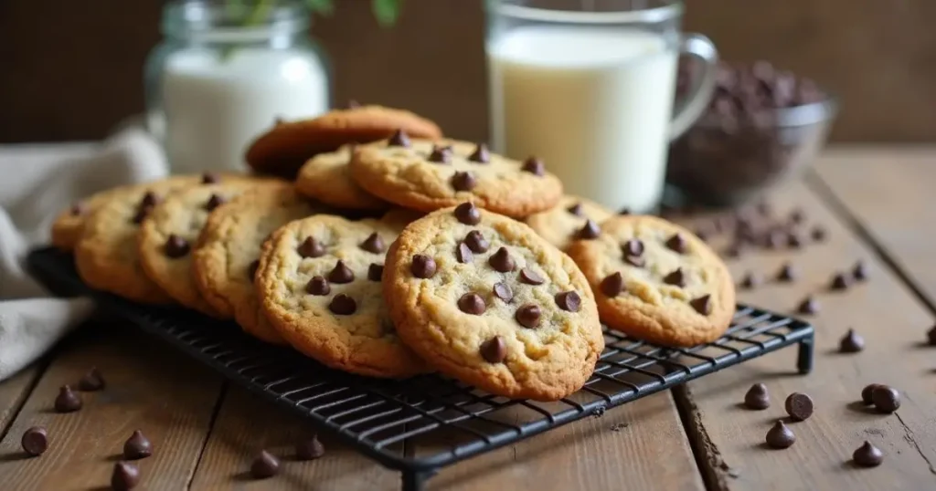 Perfect chocolate chip cookies without brown sugar cooling on a rustic rack with a glass of milk and scattered chocolate chips