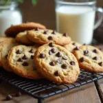 Perfect chocolate chip cookies without brown sugar cooling on a rustic rack with a glass of milk and scattered chocolate chips