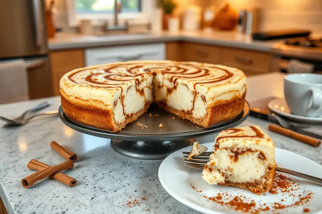 A cinnamon roll cheesecake on a cake stand, topped with cinnamon sugar, with a slice cut and placed on a plate, showing its creamy texture