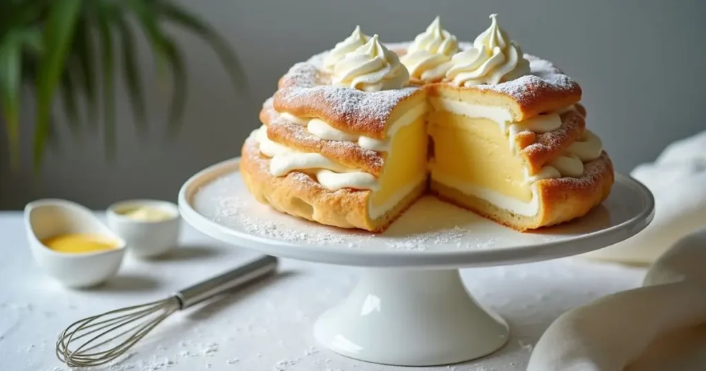 A beautifully presented cream puff cake with golden choux pastry, creamy custard layers, and whipped cream topping, displayed on a white cake stand with baking tools in the background