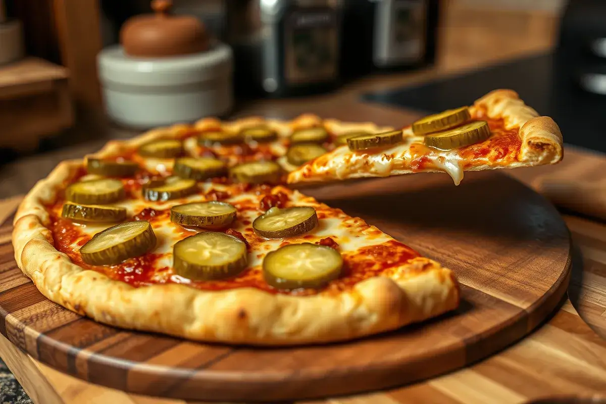 Freshly made Pickle Pie Pizza cooling on a wooden board, topped with pickles, cheese, and a crispy crust, ready to be served