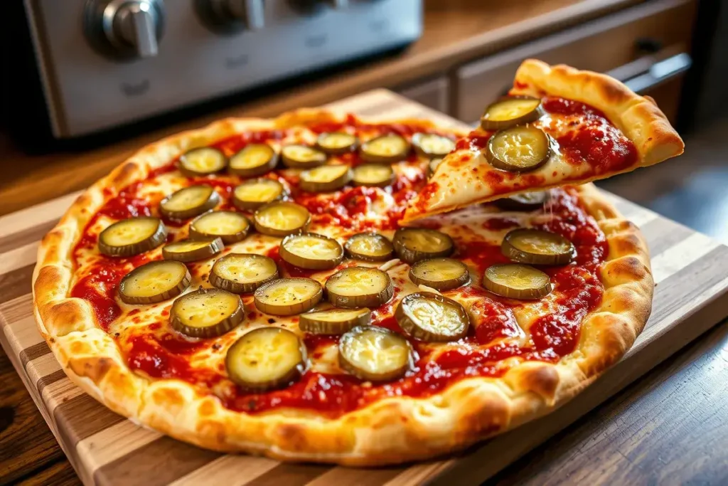 Pickle Pie Pizza cooling on a wooden surface with a crispy golden crust, loaded with slices of tangy pickles, melted cheese, and savory toppings, ready to serve