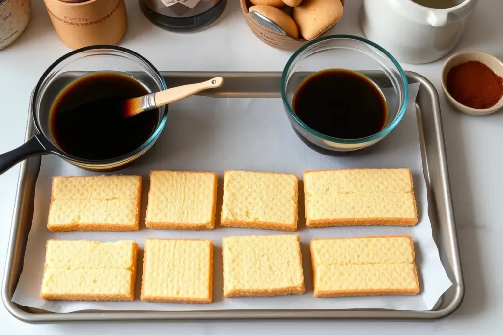 Preparing cake layers for tiramisu cake with ladyfingers, espresso, and cocoa powder