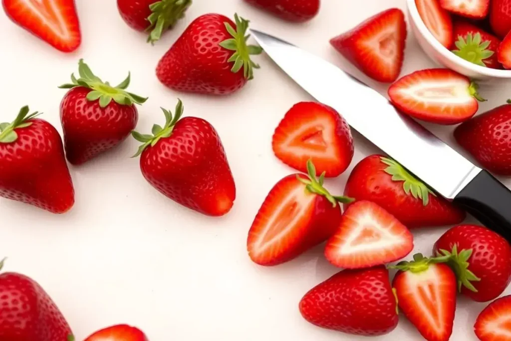 Fresh strawberries washed, hulled, and sliced on a cutting board, ready for a strawberry cheesecake ice cream recipe