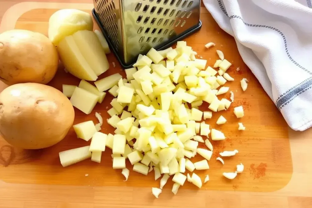 Preparing potatoes for Passover Potato Pie, grating and wringing excess moisture