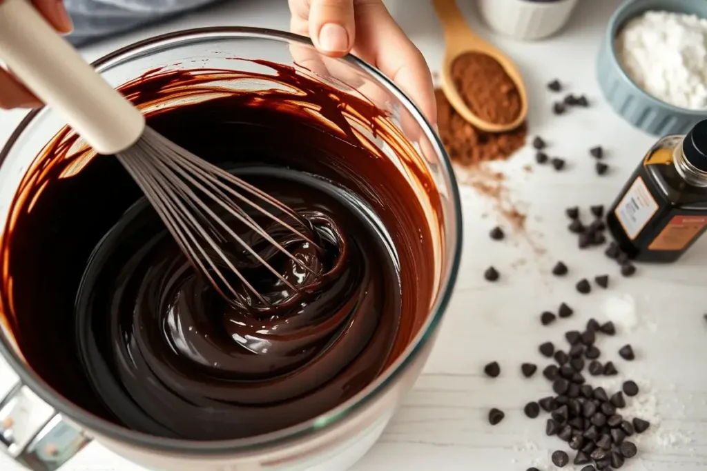 Close-up of preparing chocolate cake batter for Blackout Cake with whisk and ingredients on countertop