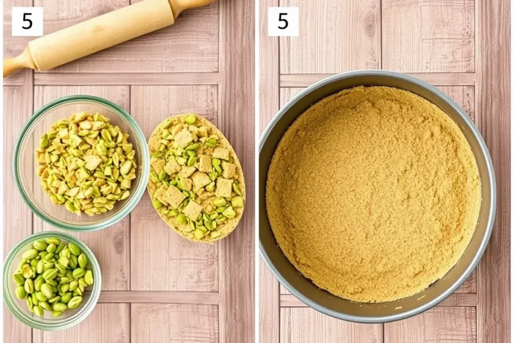 Preparing the crust for pistachio torte: crushed graham crackers and pistachios mixed in a bowl, ready to be pressed into a pan