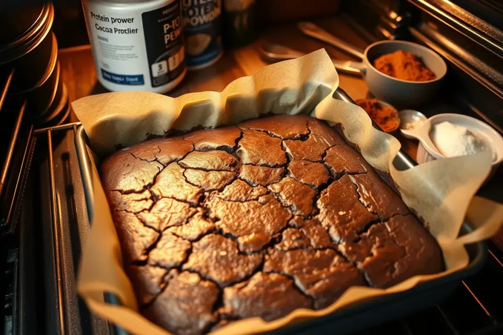 Protein brownies baking in the oven, showing fudgy texture and golden-brown edges