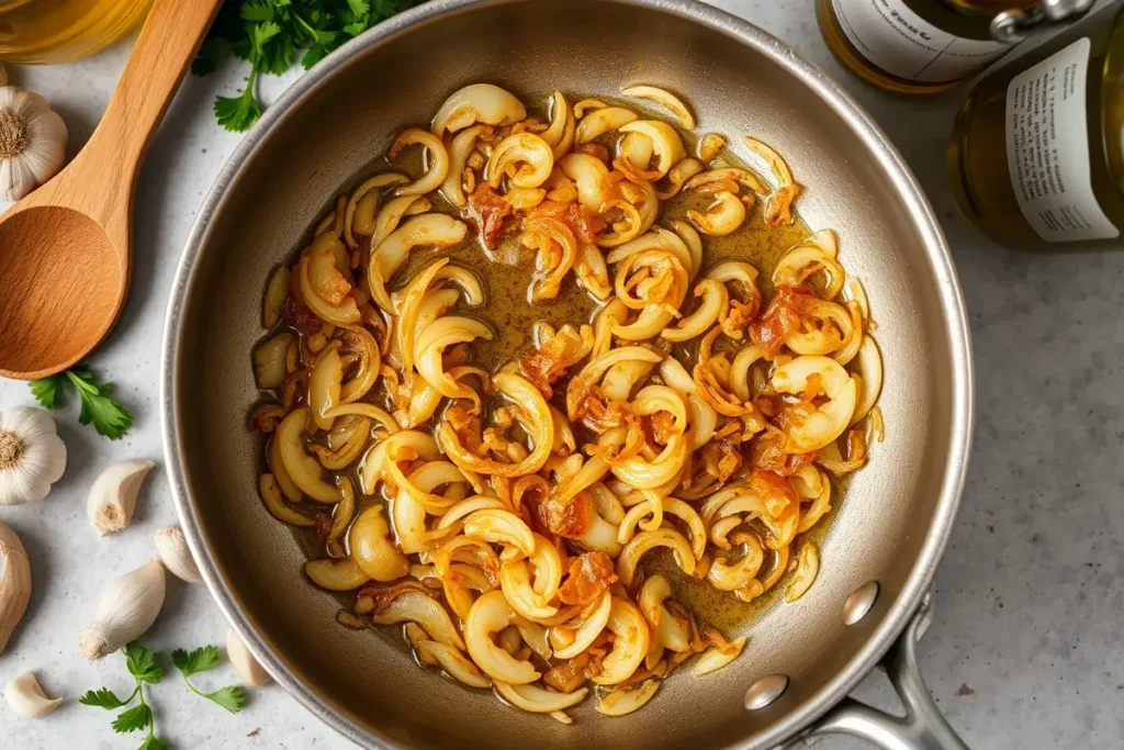 Sautéing onions in a pan for Passover Potato Pie recipe, with garlic and parsley ingredients nearby