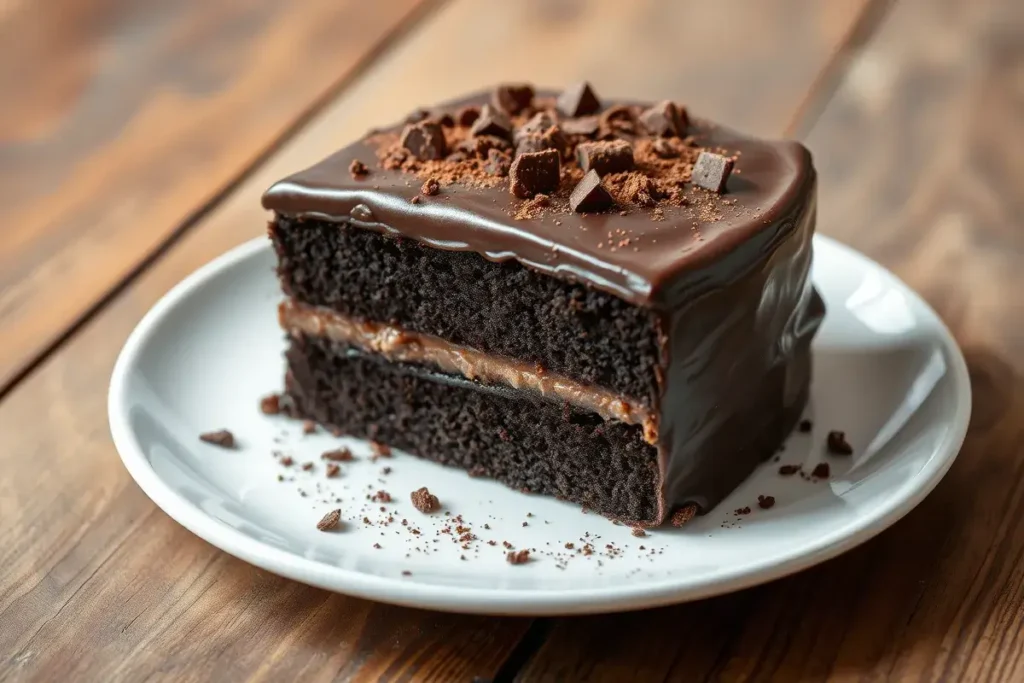 Slice of Blackout Cake served on a white plate, showcasing rich, fudgy layers with chocolate ganache and decorative chocolate crumbs