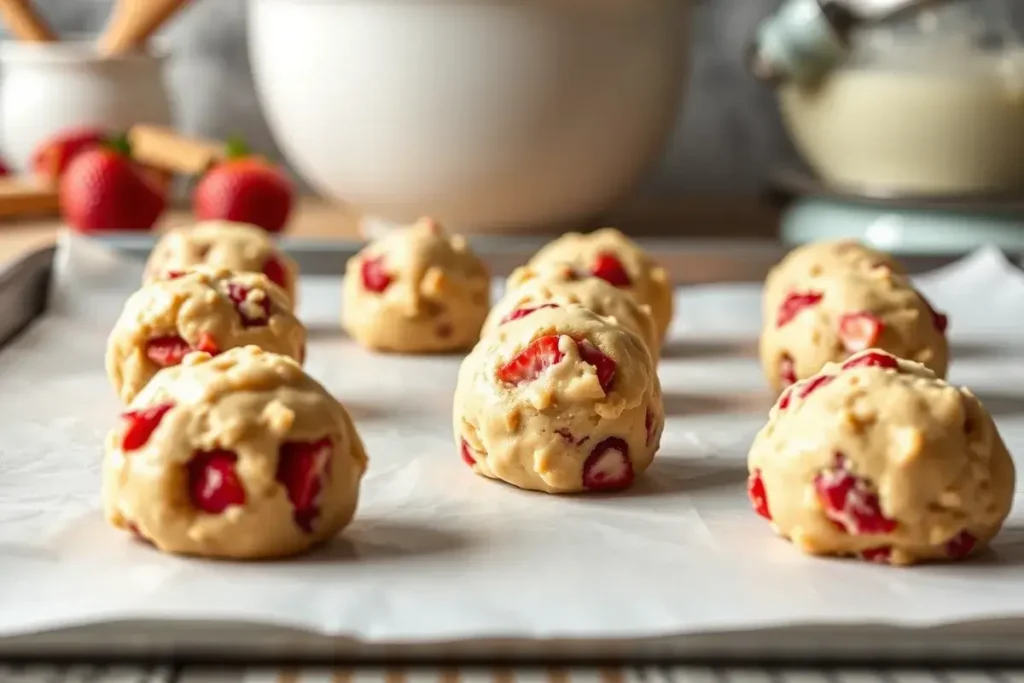 Shaping strawberry cheesecake cookie dough balls on a parchment-lined baking sheet, ready for baking