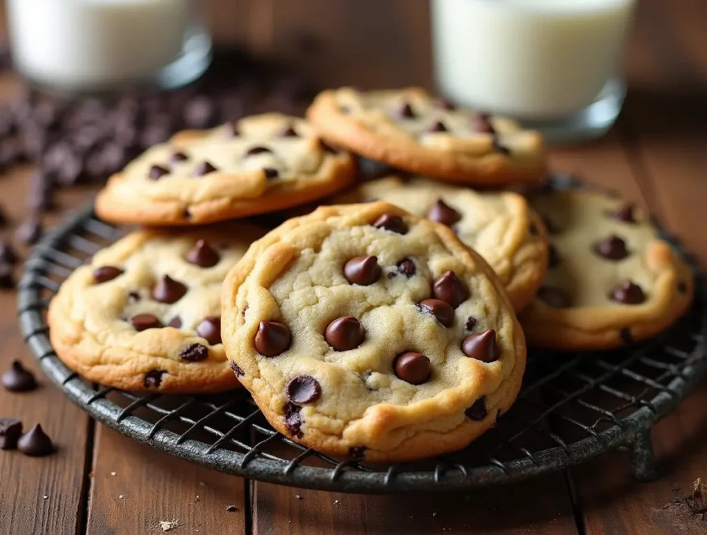 Simple chocolate chip cookies without brown sugar, freshly baked and placed on a rustic wooden table, paired with a glass of milk and chocolate chips scattered around