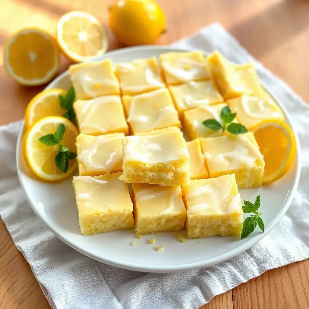 Soft and chewy lemon brownies with a shiny lemon glaze, fresh lemon wedges, zest, and mint on a white porcelain plate