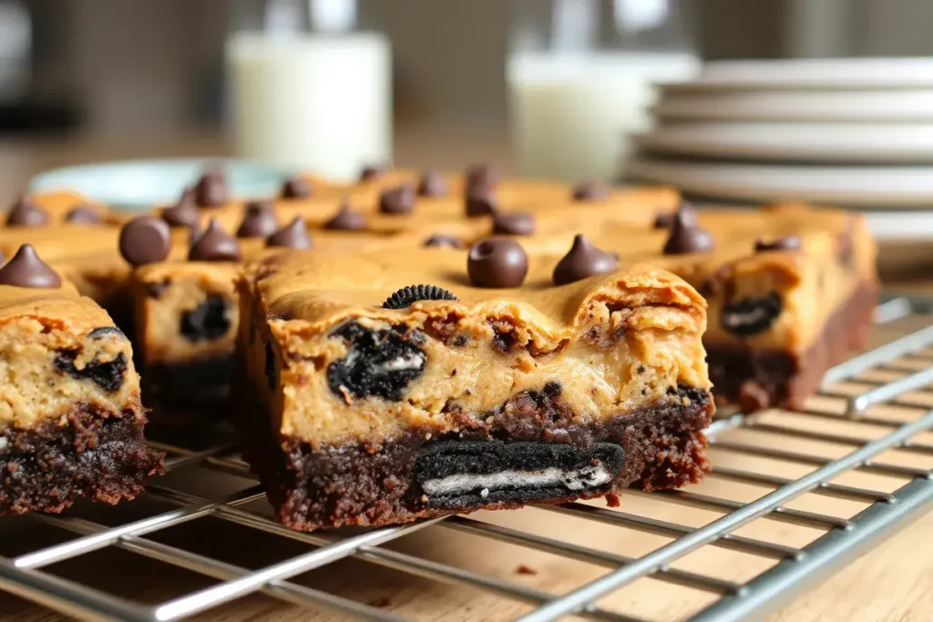 Slutty brownies cooling on a wire rack, showcasing layers of cookie dough, Oreo cookies, and fudgy brownie