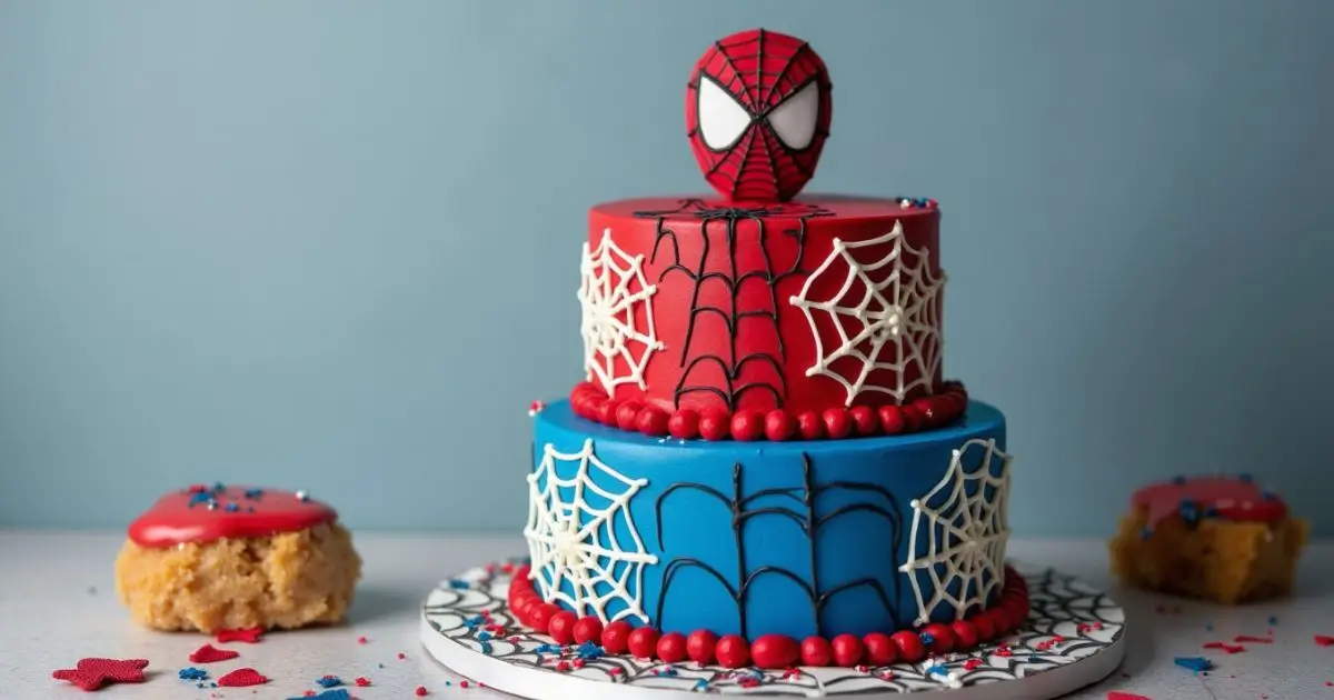 Spider Man cake decorated with red and blue fondant, Spider Man mask, and web details. Perfect for superhero-themed birthday parties