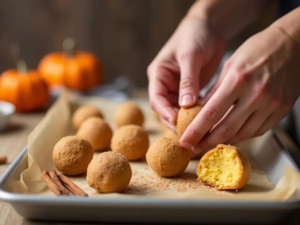 Shaping pumpkin cheesecake balls with cinnamon sugar dust on a parchment-lined tray.