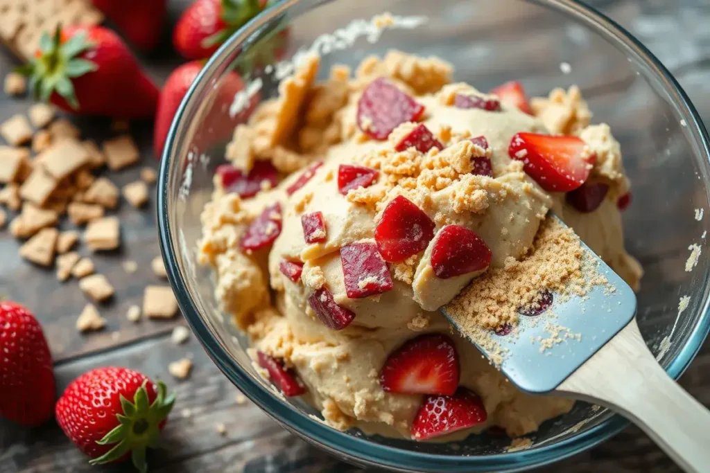  Fresh cookie dough mixed with chopped strawberries and graham cracker crumbs for strawberry cheesecake cookies.