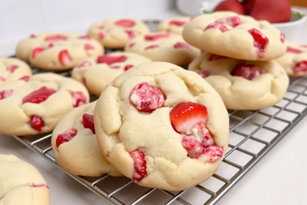 Cooling strawberry cheesecake cookies on a wire rack with fresh strawberry topping and a swirl of cheesecake filling