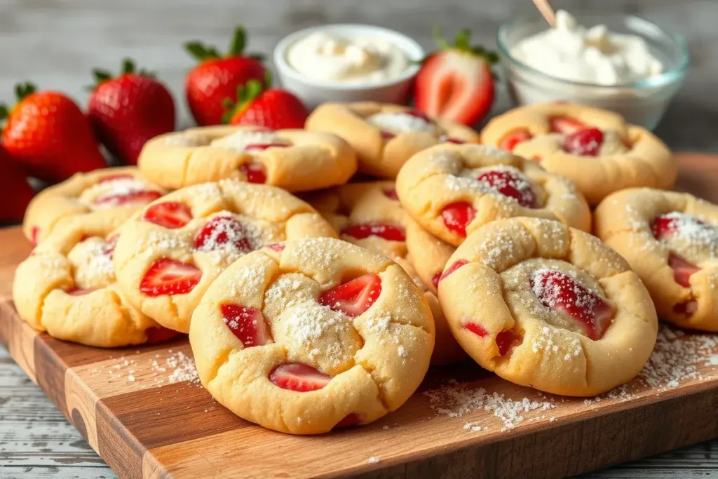 Freshly baked strawberry cheesecake cookies with strawberry pieces and a creamy swirl, served on a rustic wooden tray with fresh strawberries and cream cheese in the background.